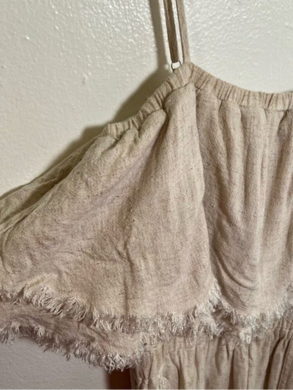 Umgee Women's Size Small Losing My Mind Tiered Jumpsuit Beige Fringe Hem Linen - Picture 9 of 14